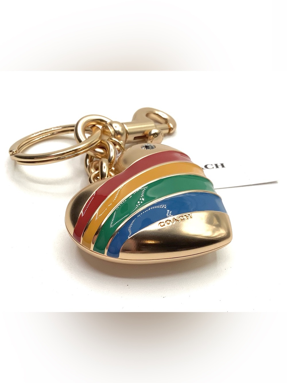 Coach Gold Heart Bag Charm with Red, Yellow, Green, Blue Stripes - NWT